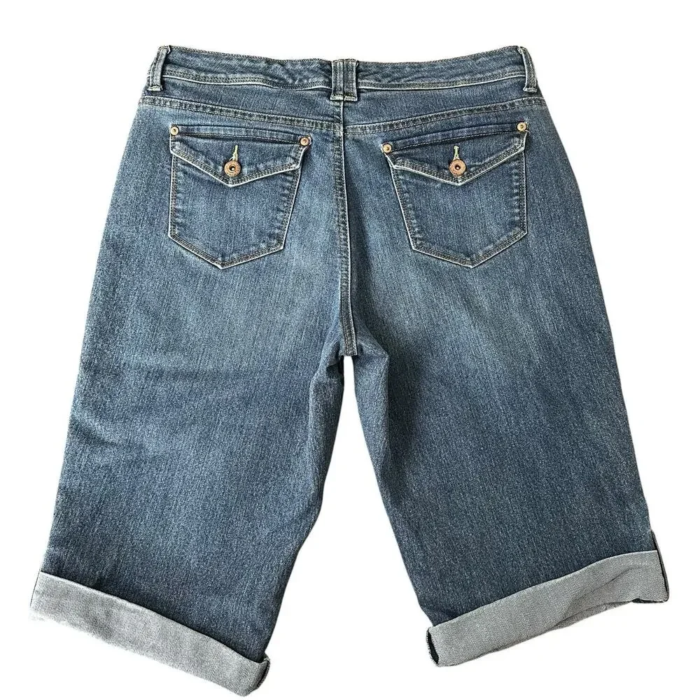 Style & Co Women’s Med Wash Denim Mid Rise Cuffed Hem Bermuda Skimmer Shorts 10